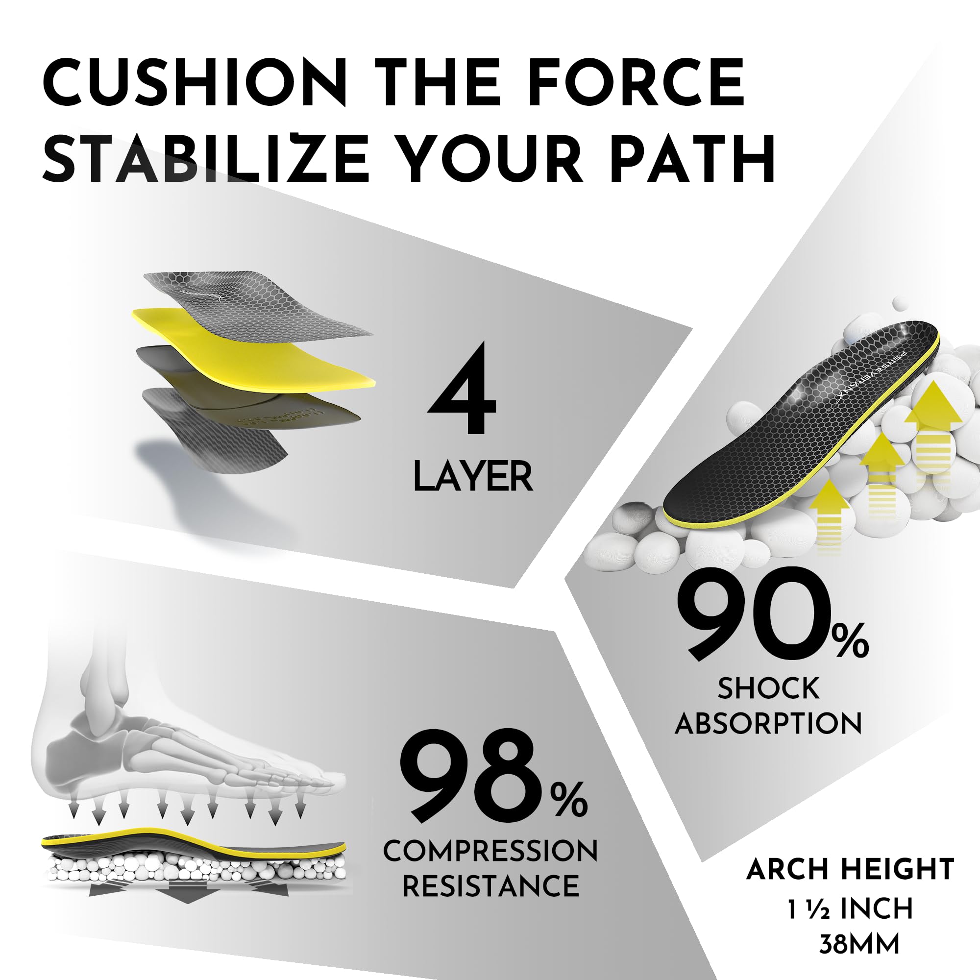 PerseveranX NASA Plantar Fasciitis Insoles Shock Absorb XL M12.5-14.5 W13.5-15.5