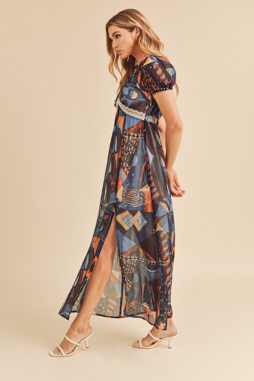 Lace Detail Slit Geometric Print Short Sleeve Comfortable Maxi Dress For Women, Elegant Lace, Alluring Slit, Sophisticated Geometric Print for Casual & Dressy Occasions