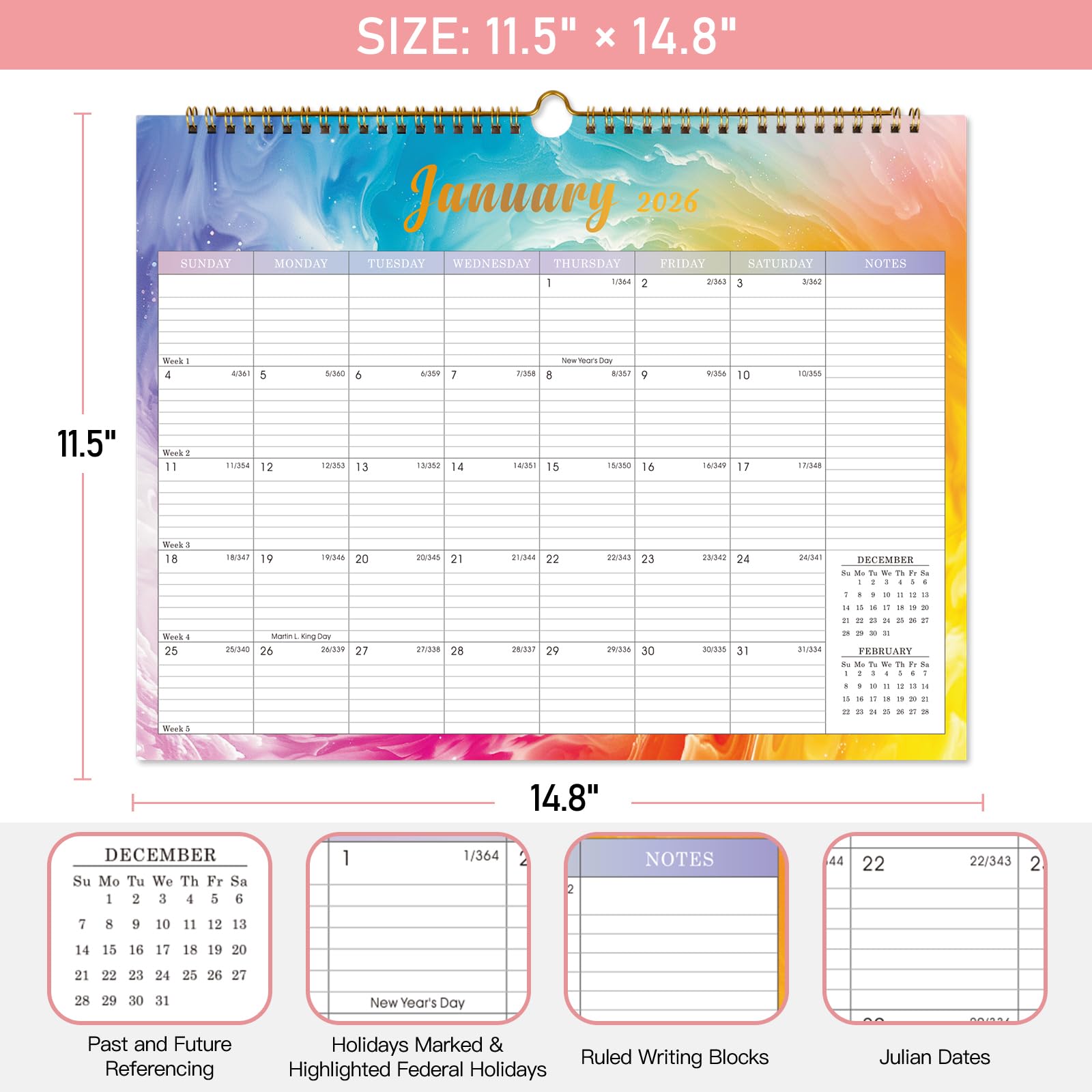 Lbylyhxc 2026 Wall Calendar 18 Months Jul 2025-Dec 2026 14.8x11.5 Rainbow
