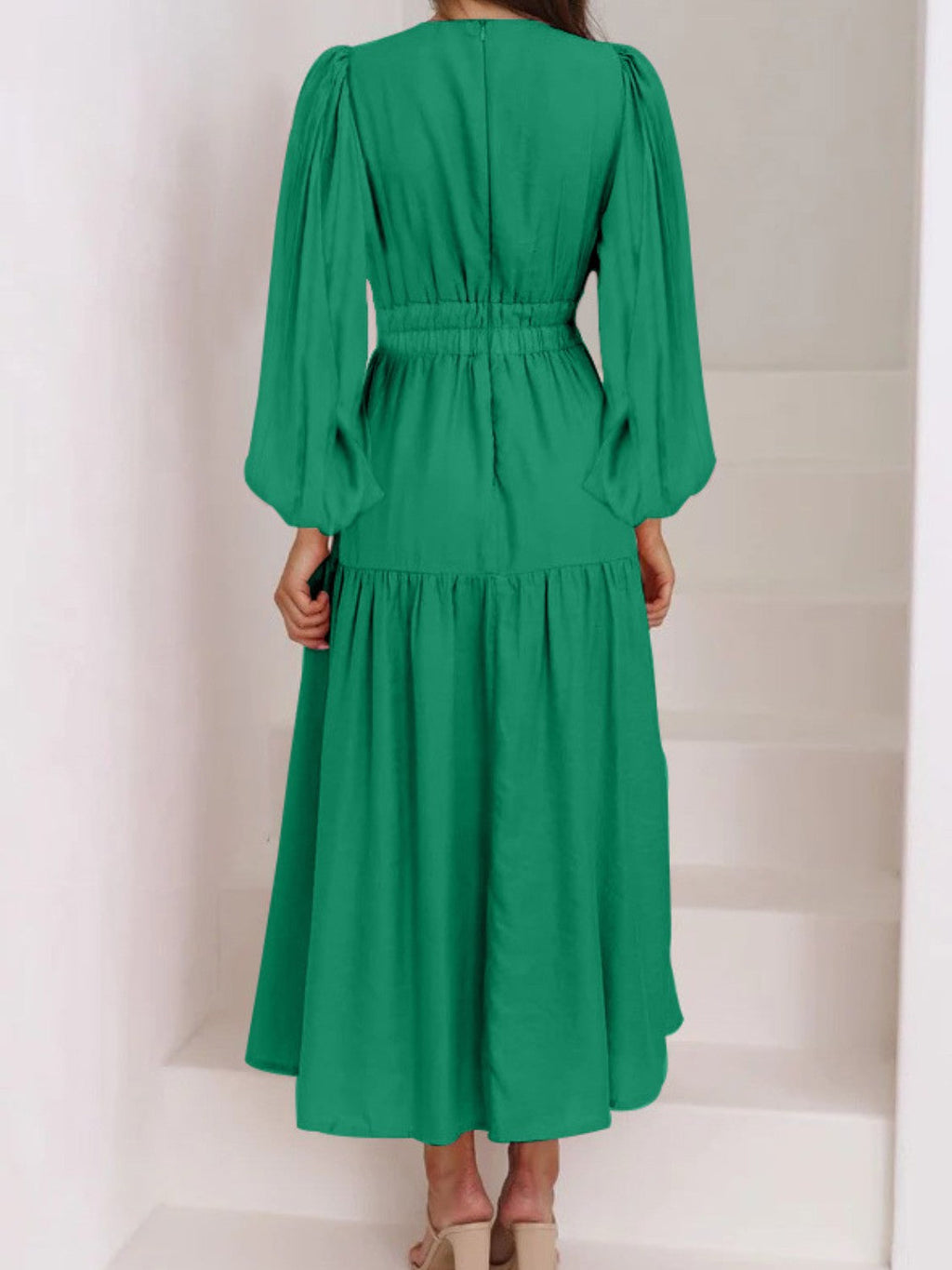 Lightweight Deep V-Neck Balloon Sleeve Maxi Dress Elegant & Flowing Silhouette Unique Dress