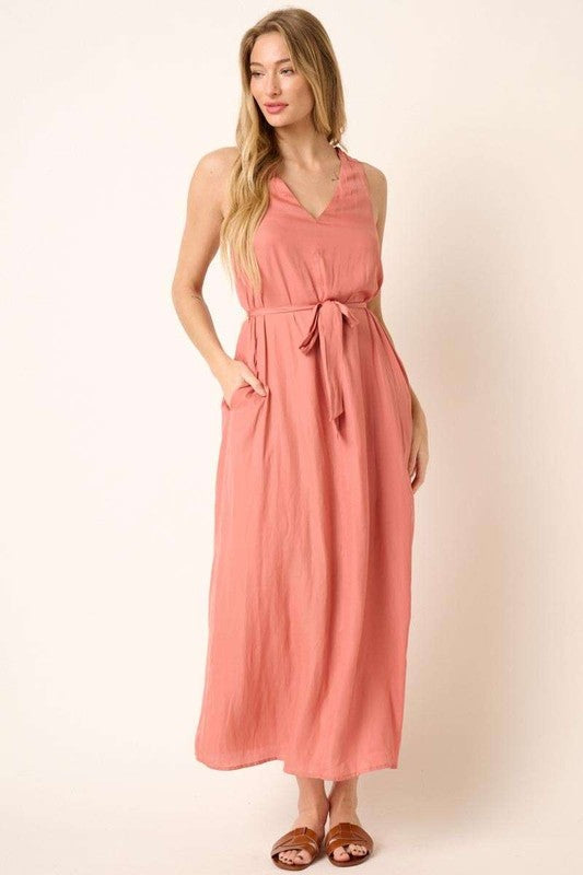 Cross Back Belted V Neck Tank Maxi Dress for Women – Flattering, Chic and Elegant Event Style