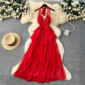 Red Halter Sleeveless Mesh Dress – V-Neck Tie-Waist Tiered Cake Maxi, Summer Vacation Statement Gown