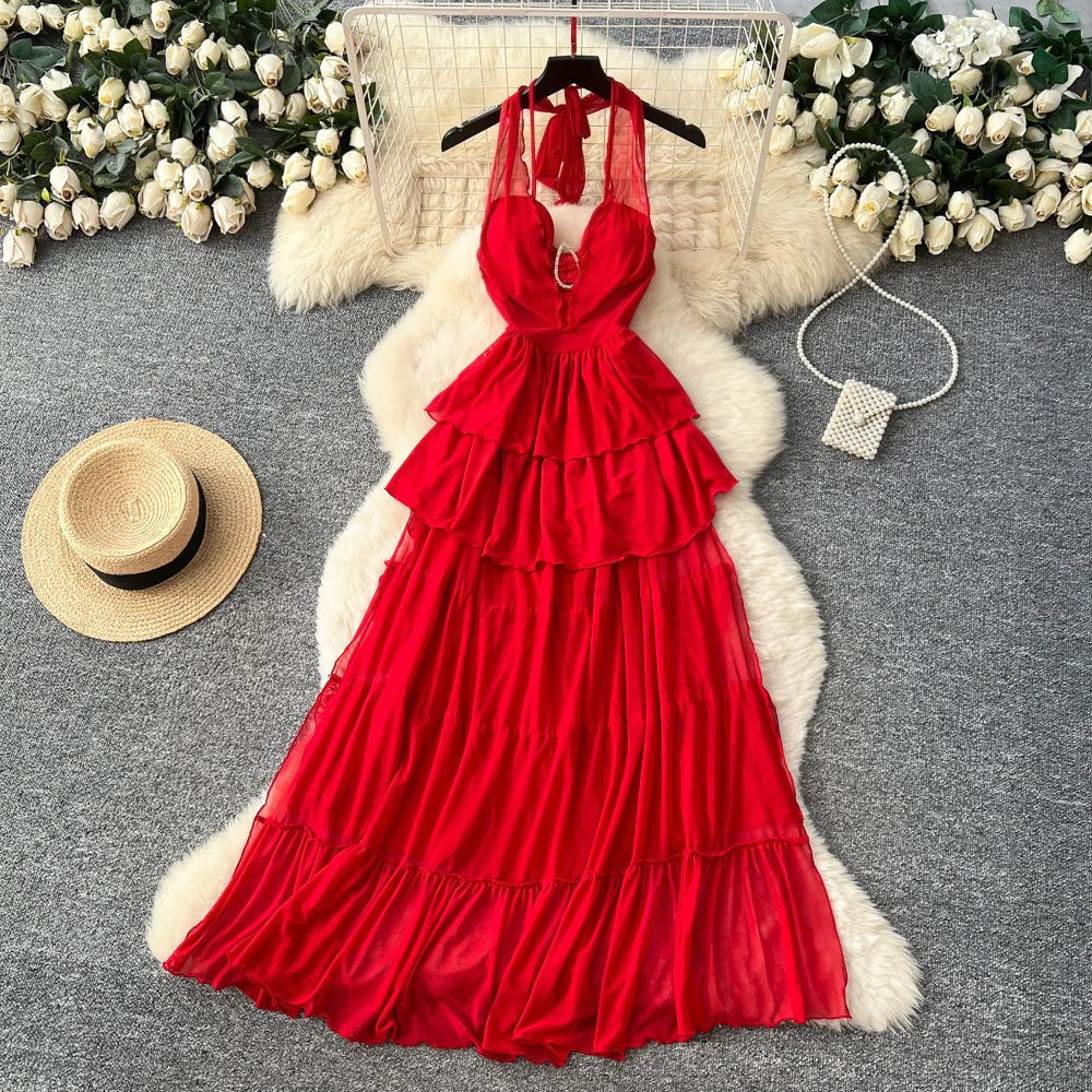 Red Halter Sleeveless Mesh Dress – V-Neck Tie-Waist Tiered Cake Maxi, Summer Vacation Statement Gown