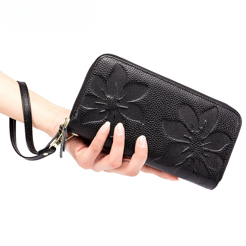 Women's Leather Double Zipper Wallet - Solid Color Large Capacity Long Phone Wallet from First-Layer Cowhide
