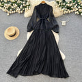 Premium Beaded Lantern Sleeve Tassel Dress –Tie-Waist A-Line Midi, Office Elegant Shift Dress
