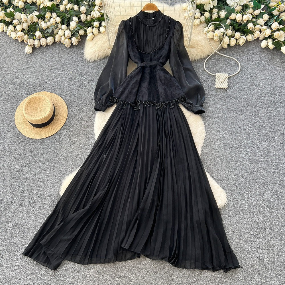 Premium Beaded Lantern Sleeve Tassel Dress –Tie-Waist A-Line Midi, Office Elegant Shift Dress