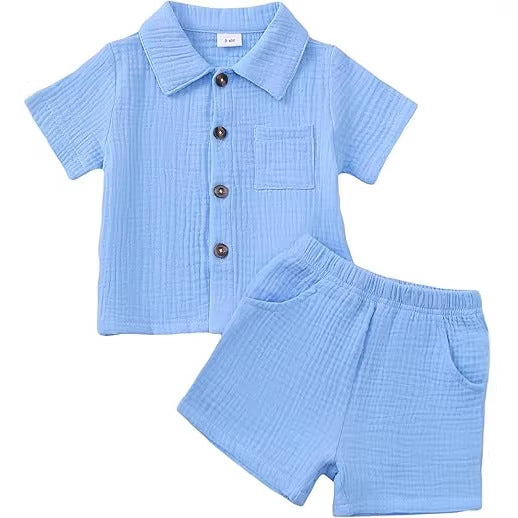 Baby Boy Cotton-Linen Solid Color Textured Fabric Lapel Collar Short-Sleeve Top Elastic Waist Shorts Set