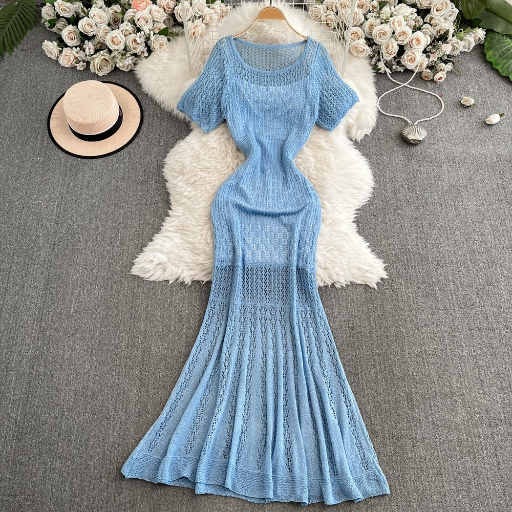 Vintage Hollow-Out Knit Dress – Women's Summer Elegant Tie-Waist A-Line Midi, Fishtail Slim-Fit Gown