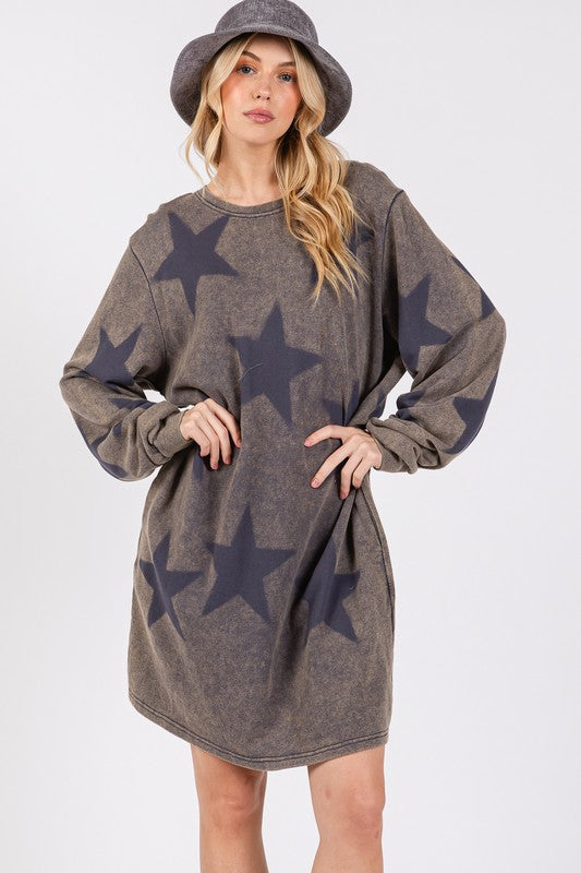 Modern Star Print Round Neck Dress Casual And Trendy Women’s Comfortable Soft Dress