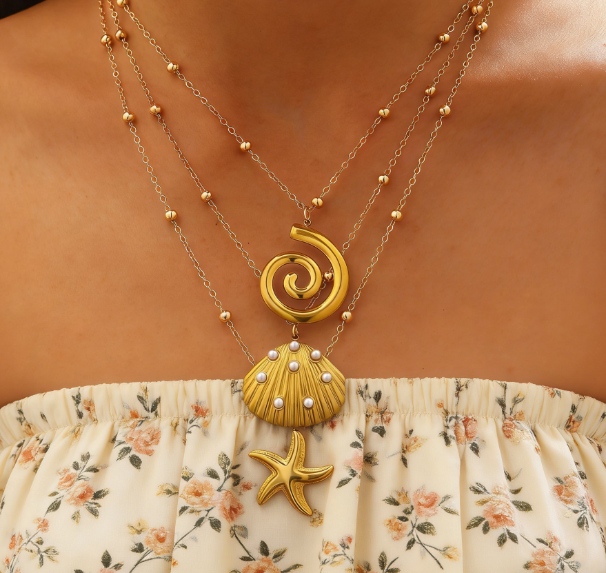 Stainless Steel Starfish & Shell Pendant Necklace