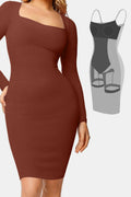 Elegant Black Full Size Built-In Shapewear Square Neck Long Sleeve Dress Sculpting Fit Dress for Women