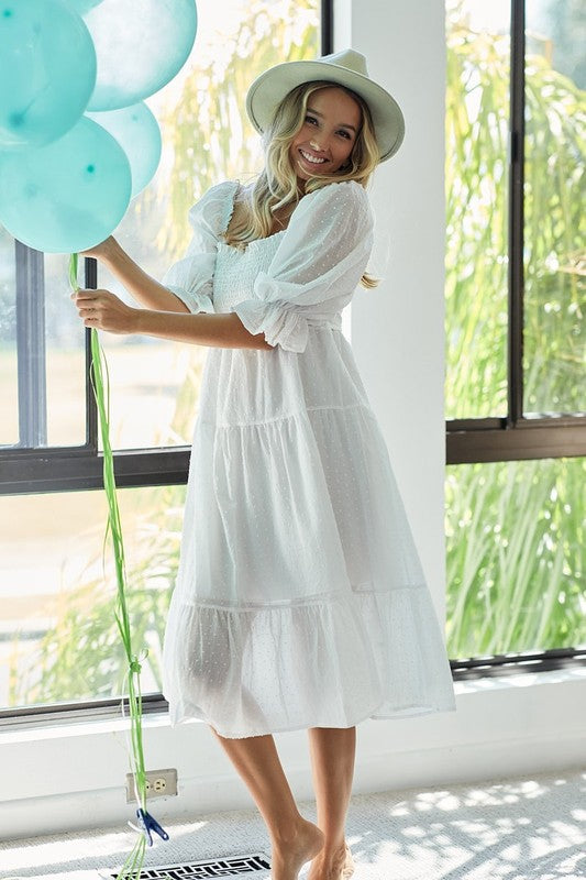 New Summer Dot Flounce Sleeve Smocked Tiered Midi Dress – Fluttering, Charming Swiss Dot Dress with Flounce Sleeves, Smocked Waist, and Tiered Design