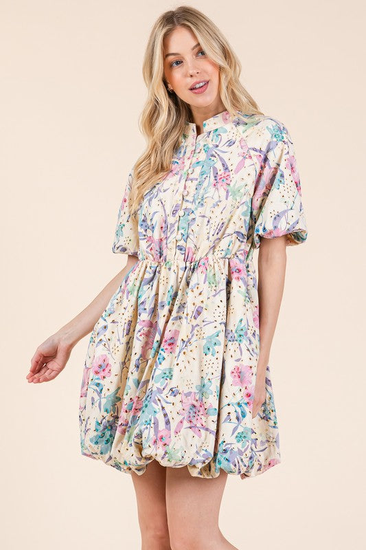 New Summer Floral Eyelet Lace Puff Sleeve Mini Shirt Dress For Women – Elegant, Trendy, Chic and Feminine Mini Shirt Dress with Puff Sleeves and Floral Eyelet Lace