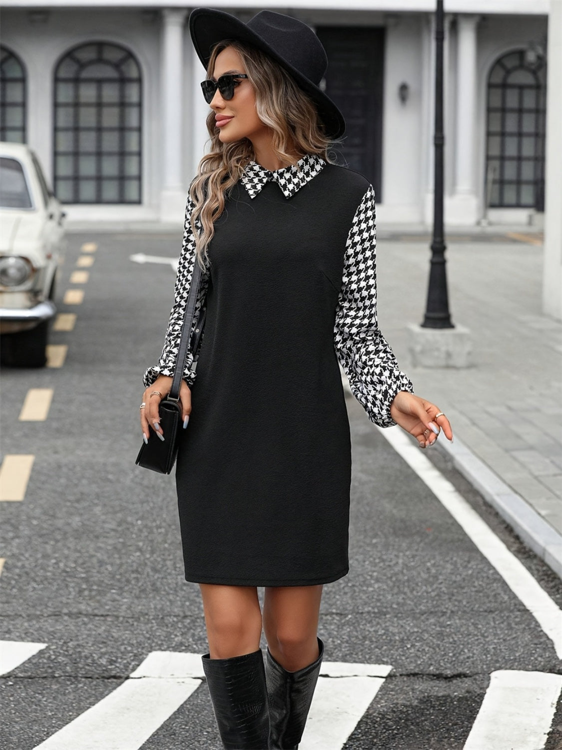 Timeless Black Collared Neck Long Sleeve Mini Dress Vintage Design Classic Women Dress