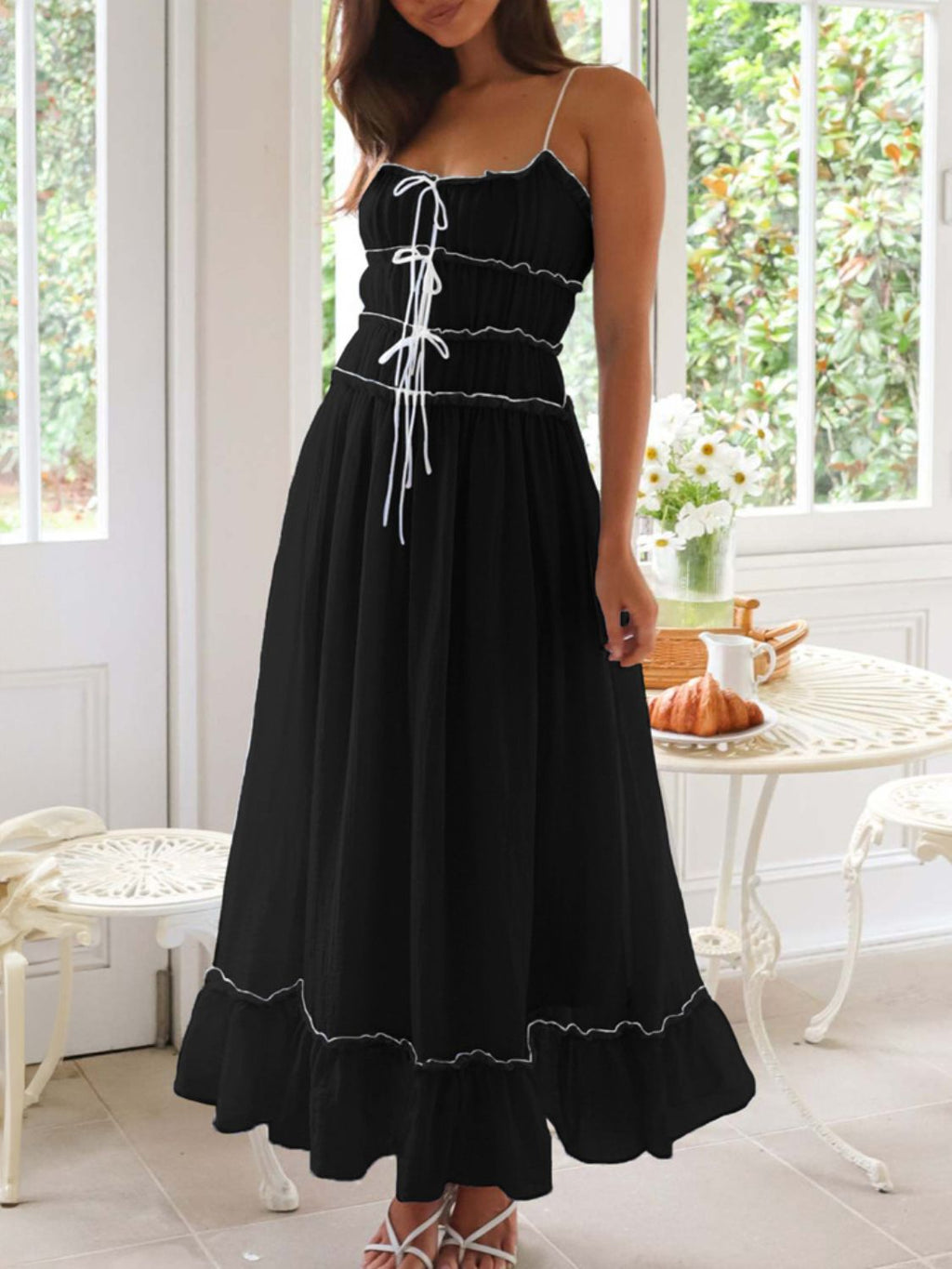 Vintage Ruffled Hem Midi Dress With Tied And Ruched Detail Elegant Feminine Girls Dress