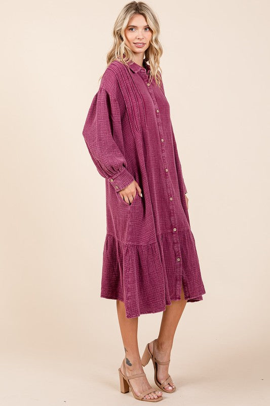 Mineral Wash Cotton Gauze Ruffle Midi Shirt Dress For Women – Casual and Feminine Button-Down Dress with Ruffle Details
