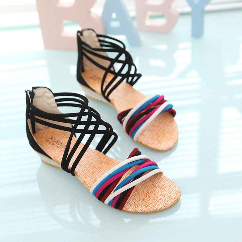 Bohemian Wedge Sandals - Women's Low-heel Open Toe with Back Zipper