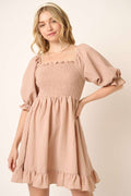 Smocked Ruffled Hem Half Sleeve Mini Dress, Cute, Elegant, Charming and Comfortable Mini Dress with Smocked Bodice and Whimsical Ruffled Hem