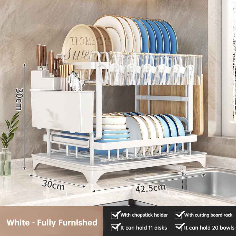 2-Tier Large Capacity Dish Drying Rack, Rustproof Carbon Steel Kitchen Sink Drainer with Cutting Board & Utensil Holder