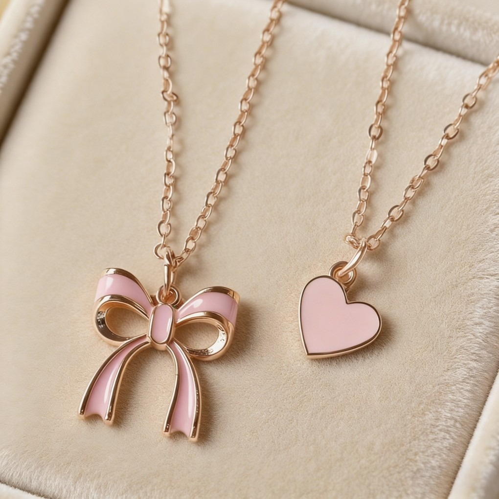 Sweet Pink Heart & Bow Layered Necklace