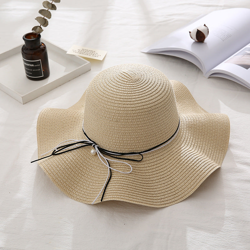 Summer Cap Black Ribbon Decorate Wavy Straw Hat For Girls Hat Kids Sun Cap Baby Beach Hats for Girls