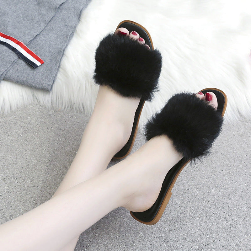 Fashion Fur Flat Women's Slippers Plus Size Spring Summer Fluffy Fur Slippers Shoes Woman Plush Fur Slip On Flip Flop Flat Furry Fur Slides Outdoor Sandals Furry Slides Summer Sandals Open Toe Indoor Outdoor Fluffy Slides