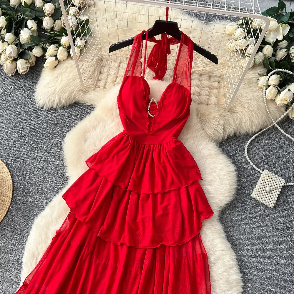 Red Halter Sleeveless Mesh Dress – V-Neck Tie-Waist Tiered Cake Maxi, Summer Vacation Statement Gown