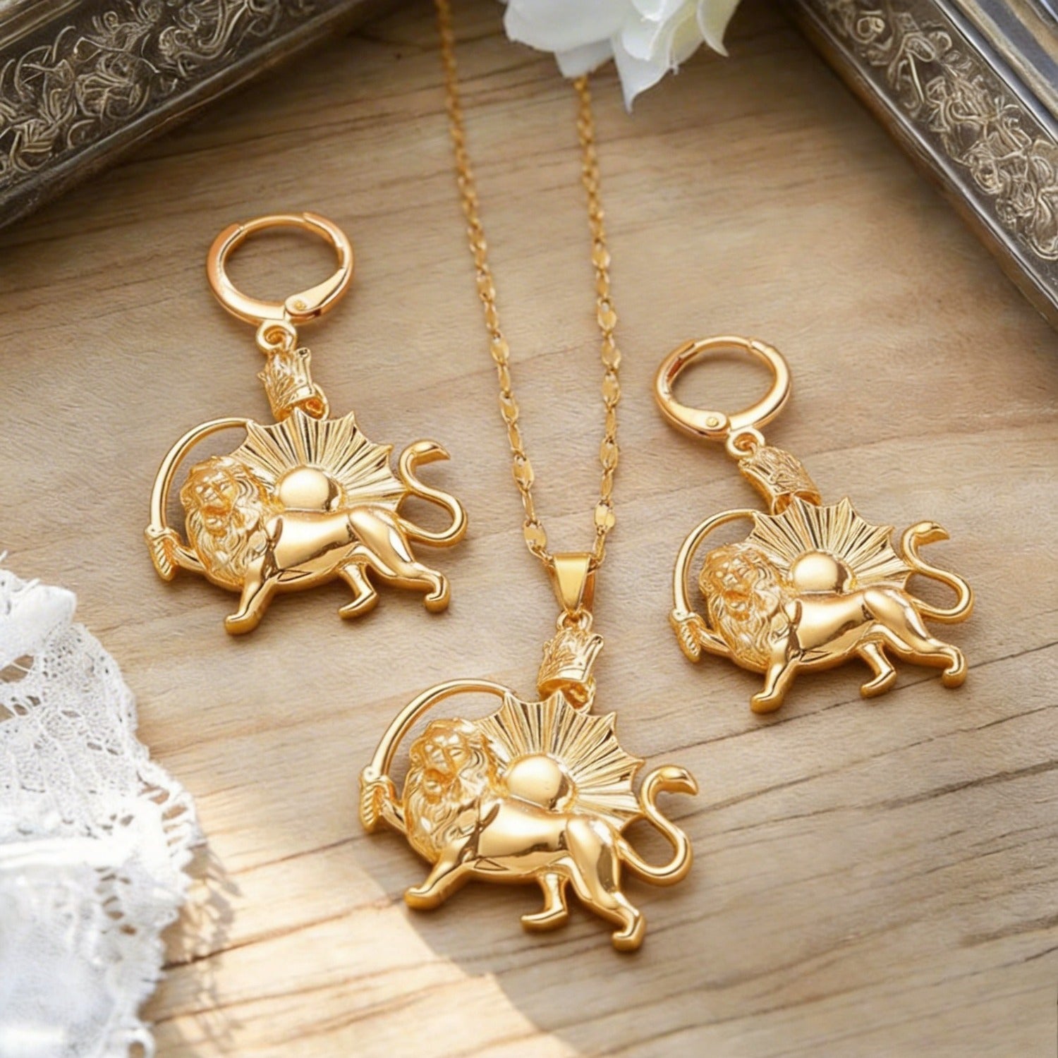 Vintage Crown Lion Sun Pattern Gold Pendant Earrings Necklace Punk Stainless Steel Set