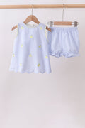 Blue stripe seersucker lemon embroidery scalloped bloomer set