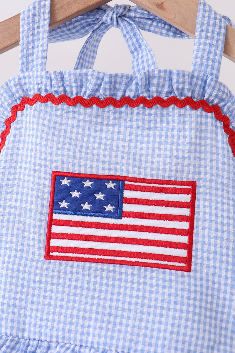 Blue flag applique gingham ruffle one-piece swimsuit