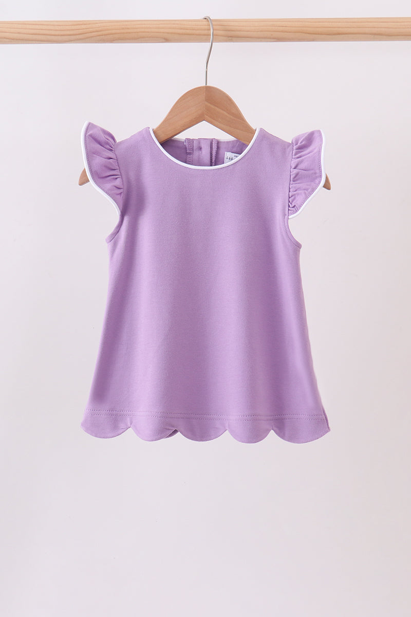 Dark purple flutter sleeve scalloped top