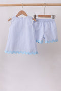 Blue Seersucker Stripe Scalloped Shorts Set