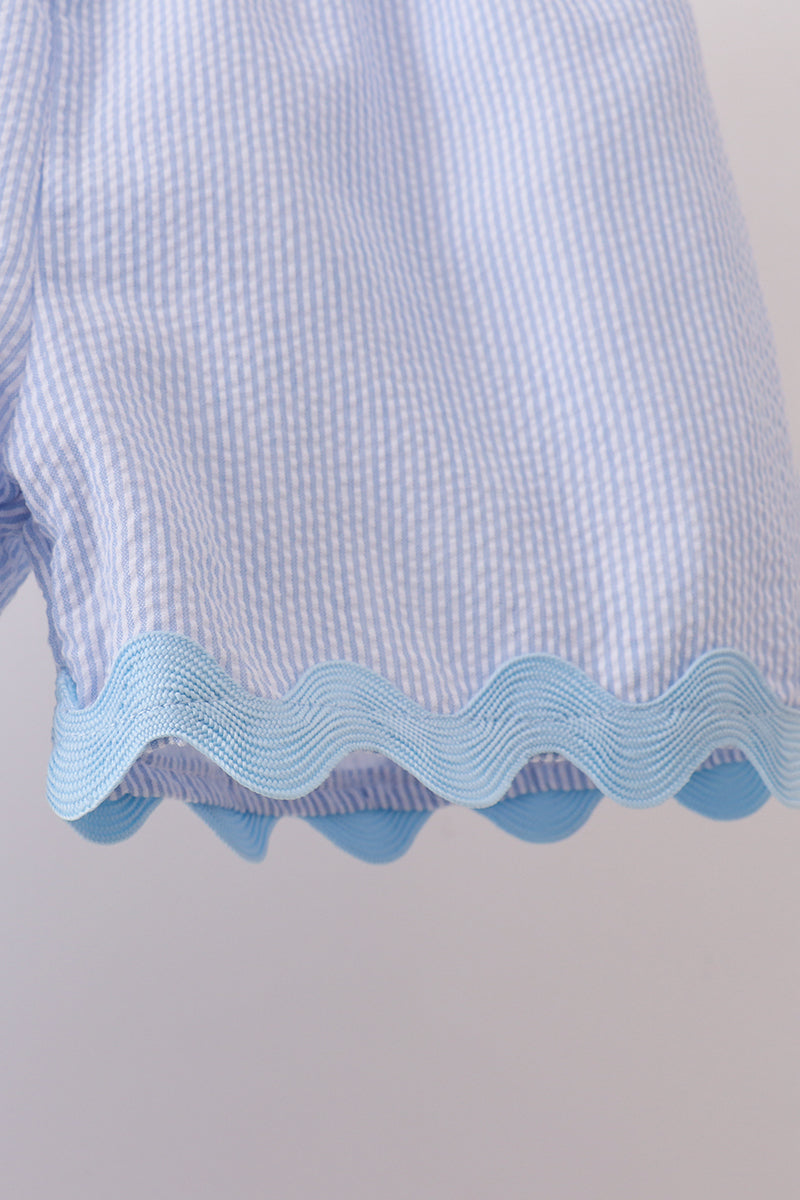 Blue Seersucker Stripe Scalloped Shorts Set