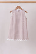 Khaki Seersucker Stripe Scalloped Dress