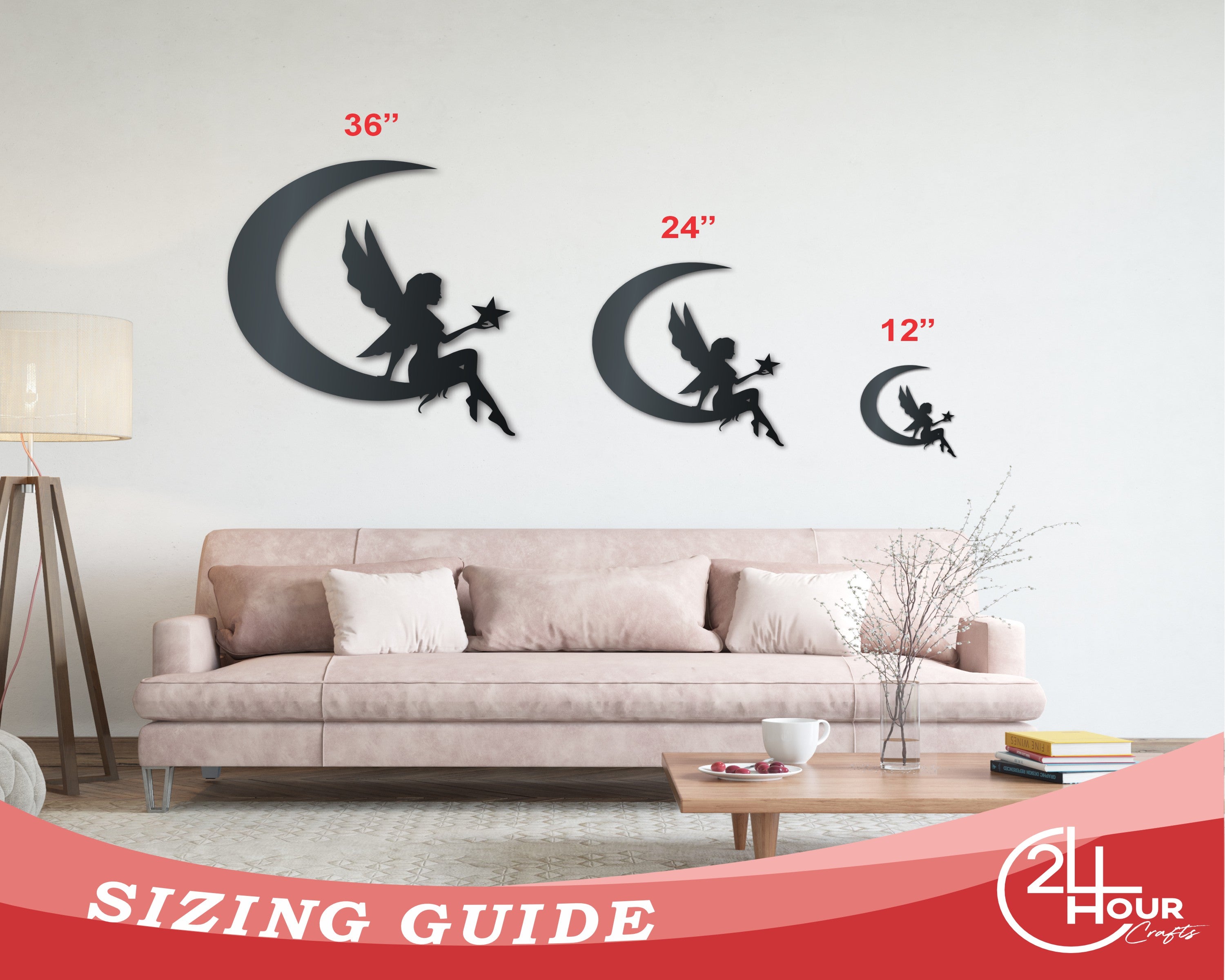 Metal Crescent Fairy Wall Art | Indoor Outdoor | Up to 46" | Over 20 Color Options