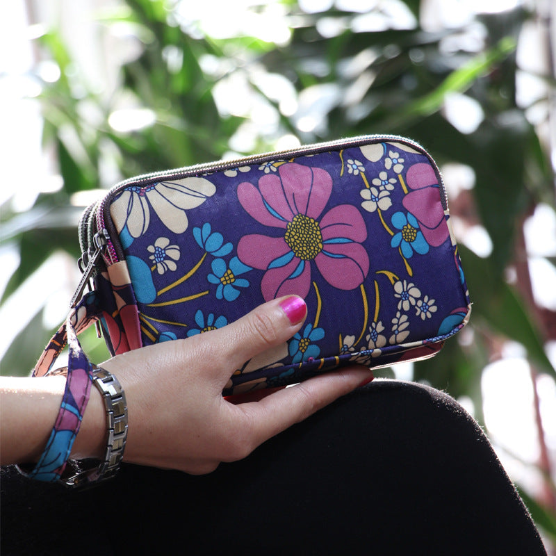 Floral Printed Fabric Wristlet Wallet for Women - Double Zipper Clutch with Wrist Strap