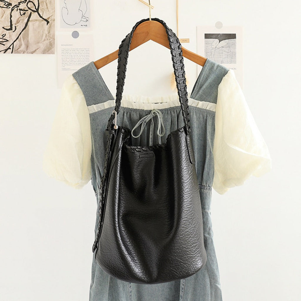 Elegant Woven Shoulder Strap Bucket Bag for Female - Versatile Texture Soft PU Retro Casual Tote