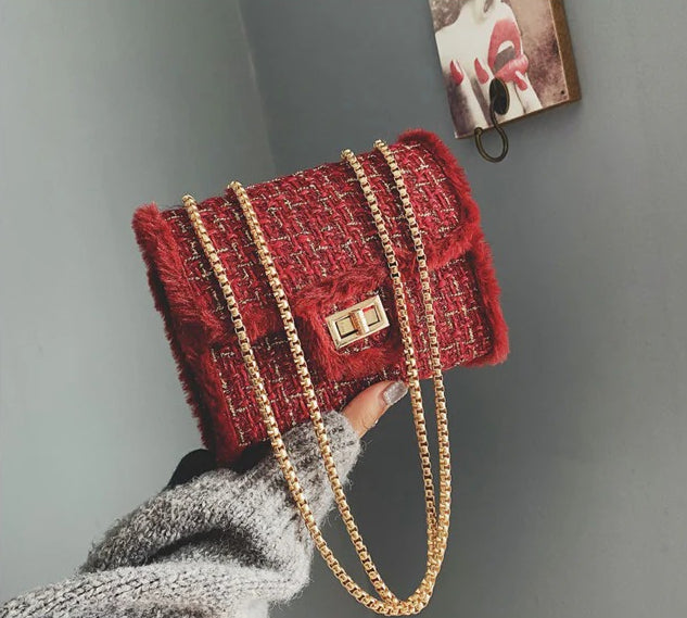 Small chain bag lock closure 2025 autumn and winter with synthetic fur decoration X9178