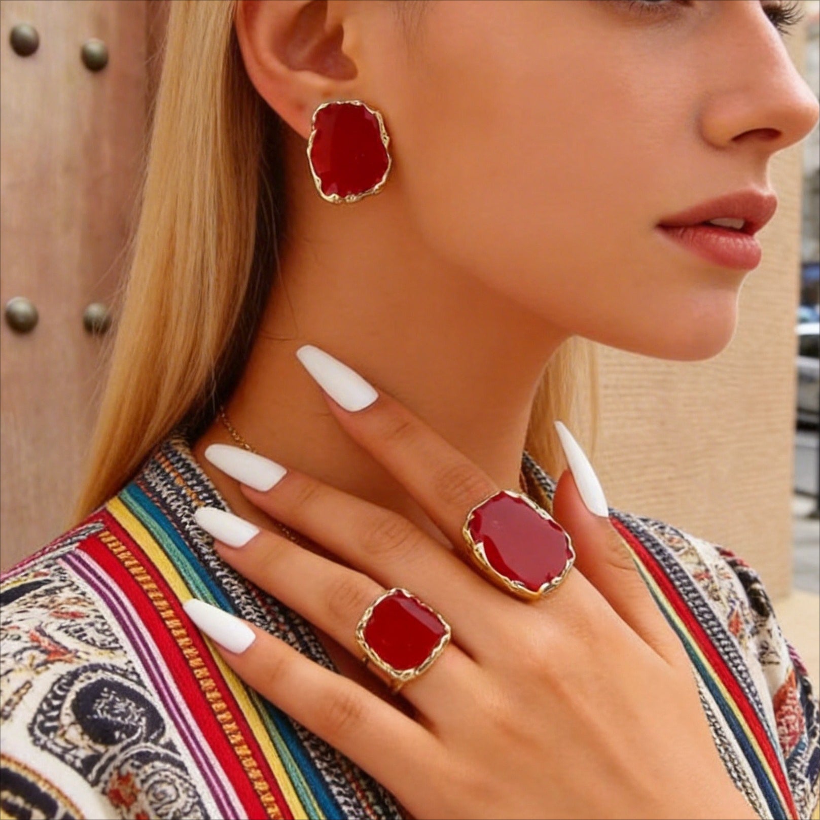 Vintage Irregular Square Red Black Glazed Ring & Earrings Set Women Jewelry