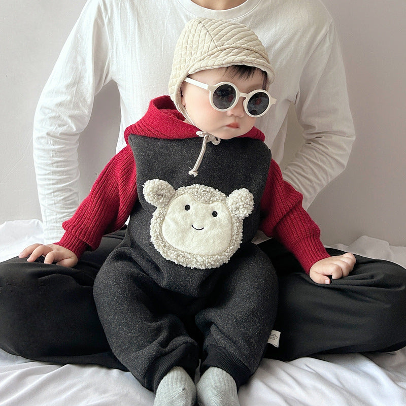 AutumnWinter Fleece-Lined Hooded Jumpsuit With Shoulder Straps