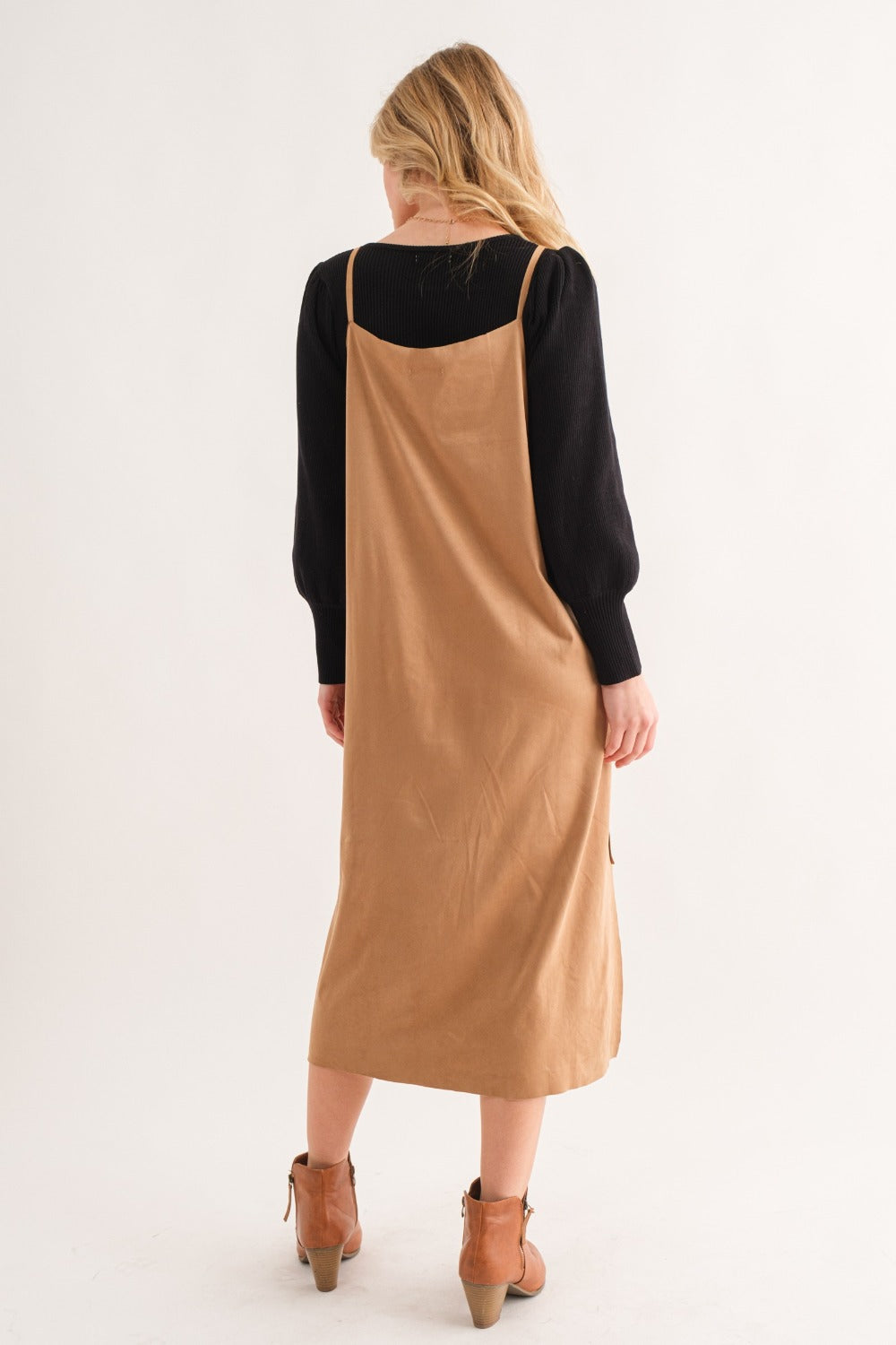 Faux Suede Cut Edge Slit Cami Midi Dress – Elegant Midi Dress, Faux Suede Dress, Chic Slit Dress, Sophisticated Dress, Versatile Cami Dress