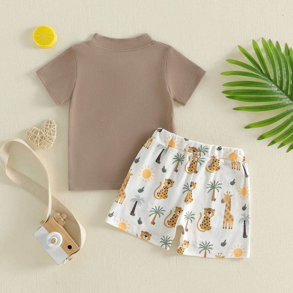 Printed Polo-collar Short-sleeve T-shirt And Shorts Two-piece Set