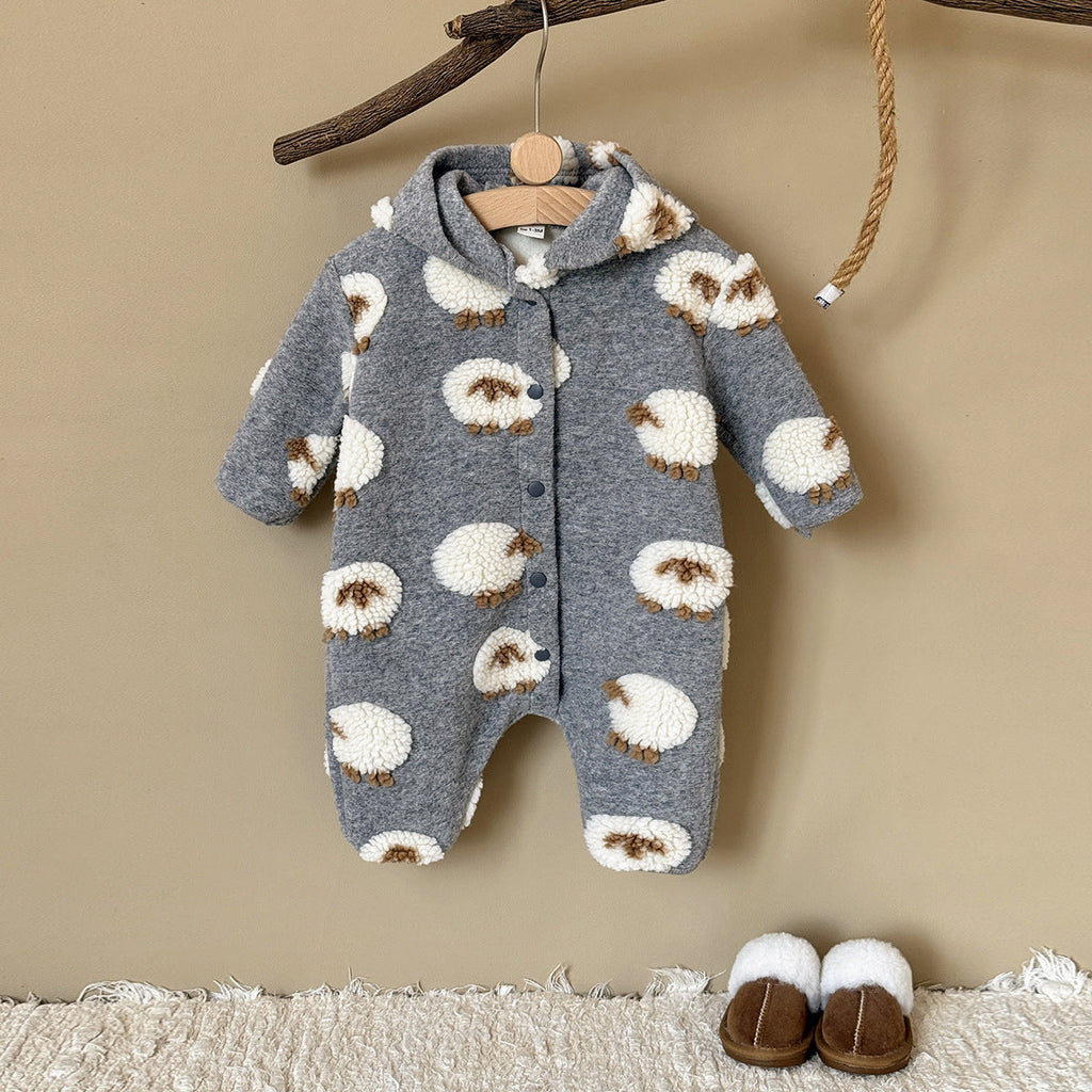 Gray Hooded Lambskin Romper For Babies And Toddlers