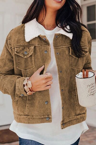 Vintage Women Winter Corduroy Snap Down Jacket With Collared Neck and Plush Lining