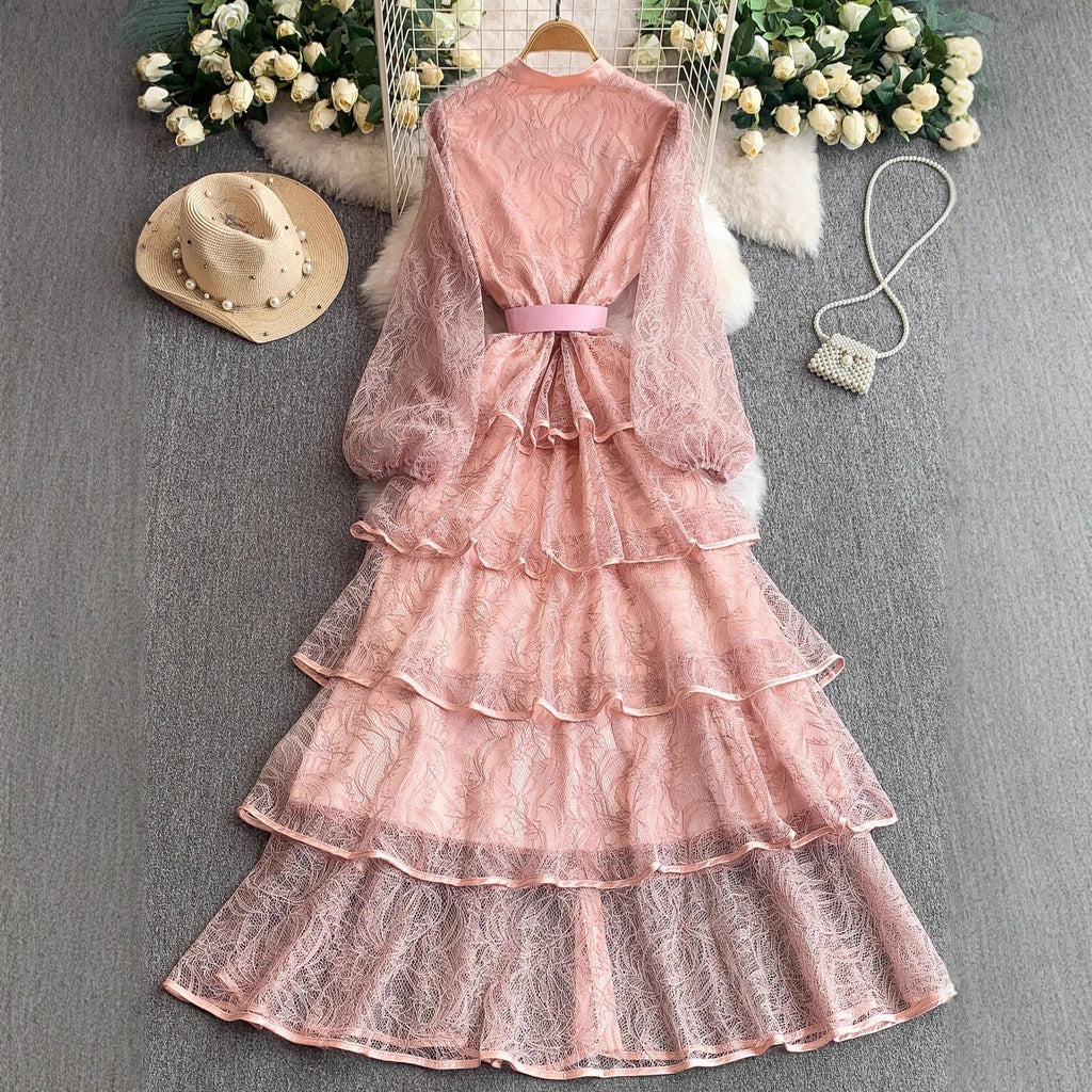 Lace Floral Mandarin Collar Long Sleeve Dress – Women's Early Fall Socialite Tie-Waist Slim-Fit Midi