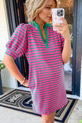 Pink Striped Collar Puff Sleeve Mini Tee Dress Chic & Casual Statement Piece Simple Women Dress