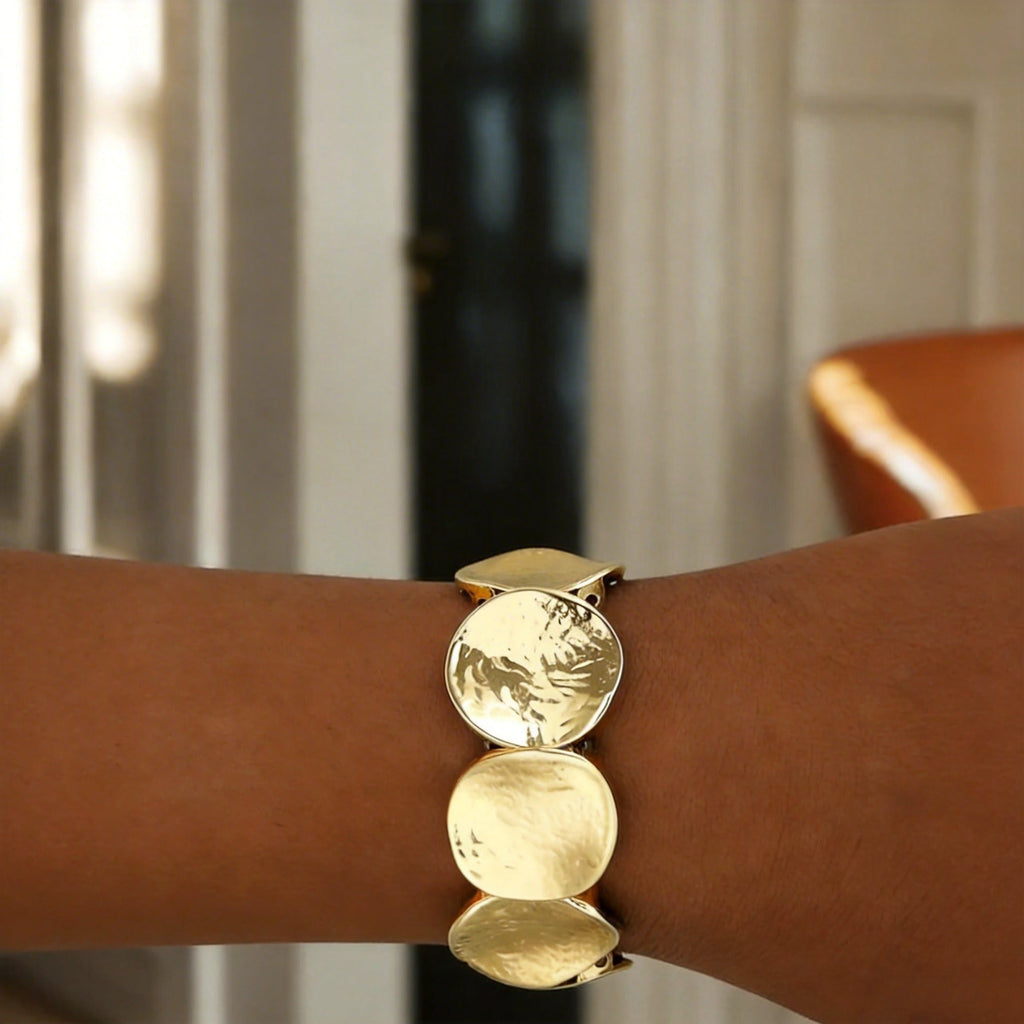 Personality Metal Pleated Geometric Disc Stretch Bracelet Heavy Duty Minimalist