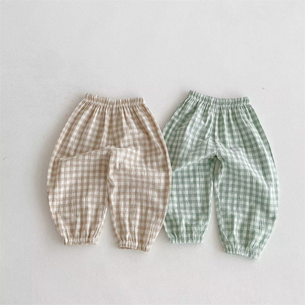 Ins Summer Children's Plaid Trousers Thin Linen Style