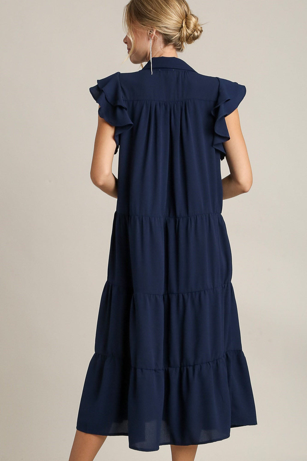 Dark Navy Full Size Ruffle Sleeve Dress Classic Feminine Plus Size Fashion Soft Dress
