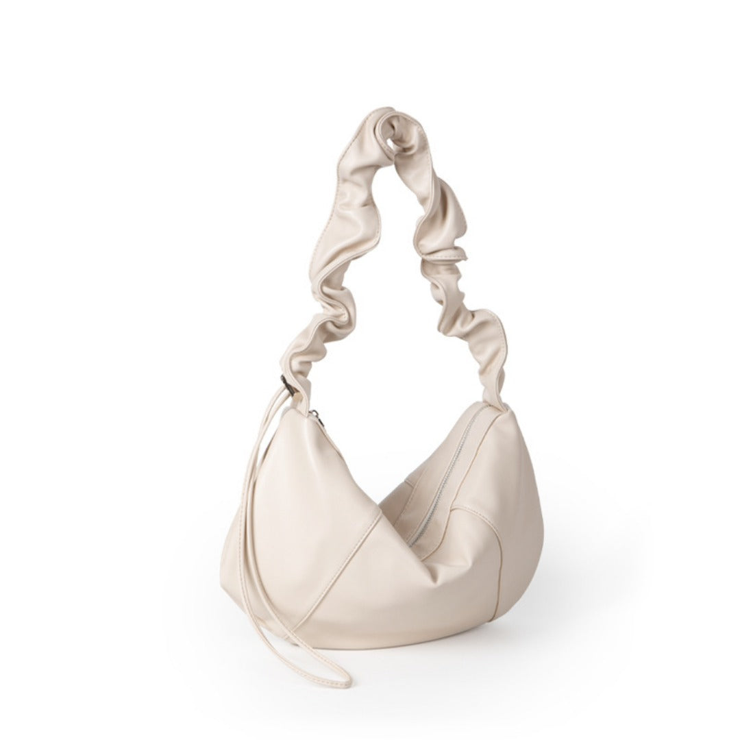 Design drawstring pleated soft leather large capacity shoulder bag, small shoulder bag, small hobo bag